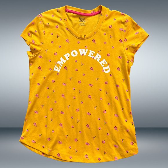 Falls Creek Mustard Yellow Floral Empowered Shirt Sleeved T-Shirt - Tee - Picture 1 of 3